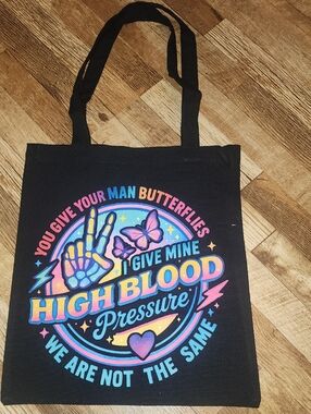 Black Graphic Tote Bag with Colorful High Blood Pressure Design. 13x15
